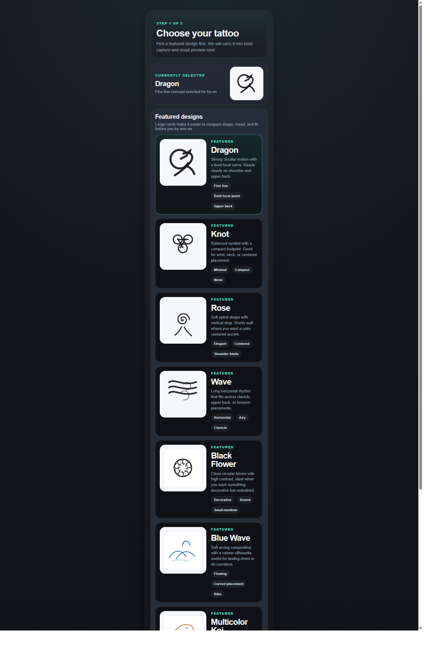 InkView tattoo selection and preview screen